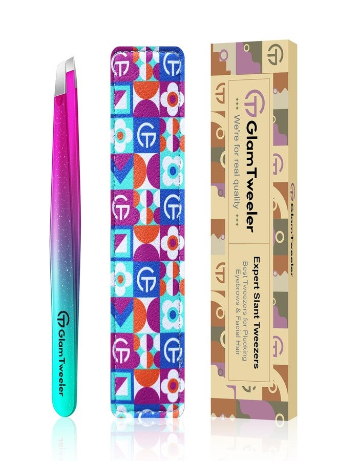 GlamTweeler ملقط خبير ذو طرف مائل مع حافظة جلدية، ملقط GlamTweeler حاد ودقيق من الفولاذ المقاوم للصدأ لإزالة الحواجب وشعر الوجه والشعر الناعم (لون بنفسجي لامع وفيروزي) - Image 1